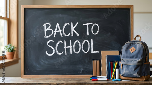 Back to school chalkboard displayed beside a backpack, notebooks, pencils, and classroom stationery in a bright school interior.