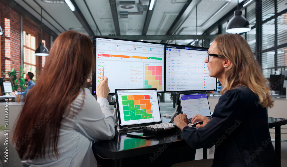 Obraz premium Young Professional Woman Leads Team Meeting Analyzing Software Compliance