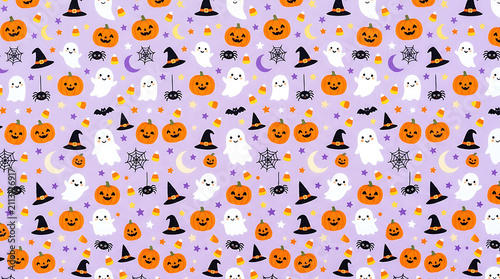Seamless halloween pattern with pumpkins and witch hats