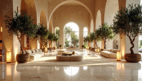 Elegant Mediterranean-inspired luxury lobby with soaring arches, warm natural light, olive trees, and minimalist furnishings creating a serene, sophisticated atmosphere.