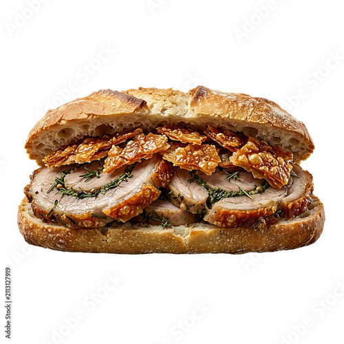 Delicious porchetta sandwich with crispy crackling, fresh herbs, and roasted pork slices on a rustic crusty bread roll, isolated on transparent background