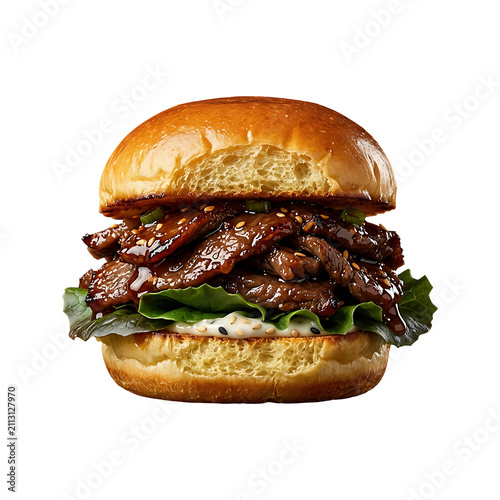 Delicious gourmet burger with glazed teriyaki beef slices, fresh green lettuce, and creamy sauce on a soft brioche bun, isolated on transparent background