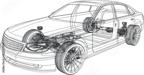 Car chassis and suspension system vector illustration, automotive wireframe mesh line art blueprint design