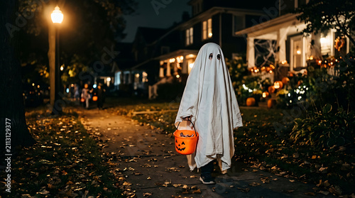 Child dressed as ghost trick or treating at night