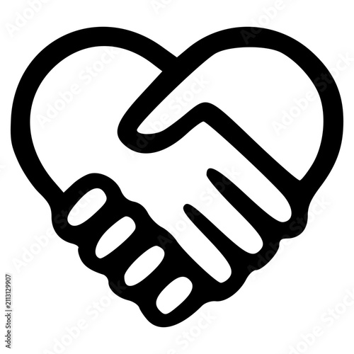 Black and white line art illustration of two hands shaking, forming a heart shape, symbolizing unity and partnership.