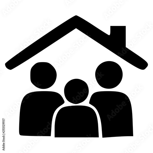 Black silhouette icon depicting a family of three under a house roof, symbolizing home, shelter, and community.