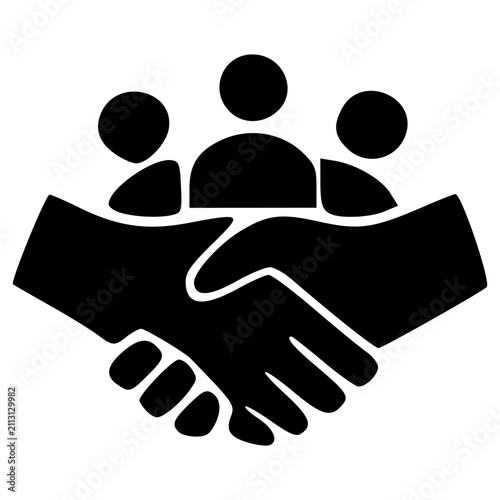 Two hands shaking in agreement with three stylized people above, symbolizing partnership, collaboration, and business deal.
