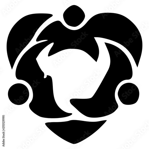 Abstract black and white symbol with swirling, interconnected elements forming a heart-like or shield shape.