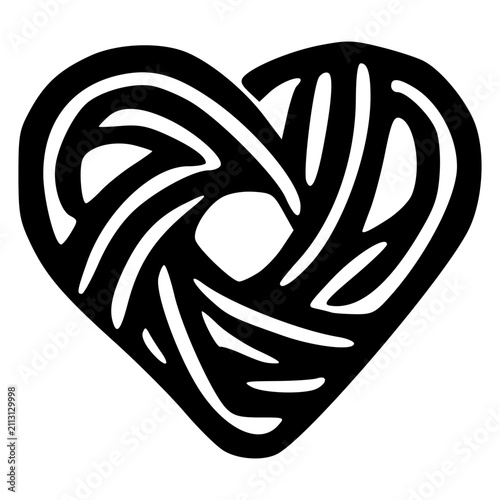 A black heart shape filled with intricate, swirling, and interwoven abstract lines, creating a stylized knot-like pattern with a central void.