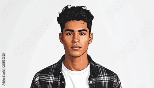 Portrait of a stylish young man wearing a checkered shirt looking forward with a confident gaze