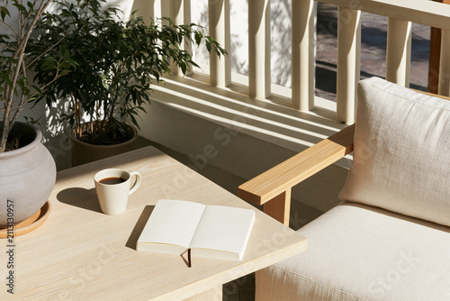 Blank white notebook mockup on wooden patio table with coffee