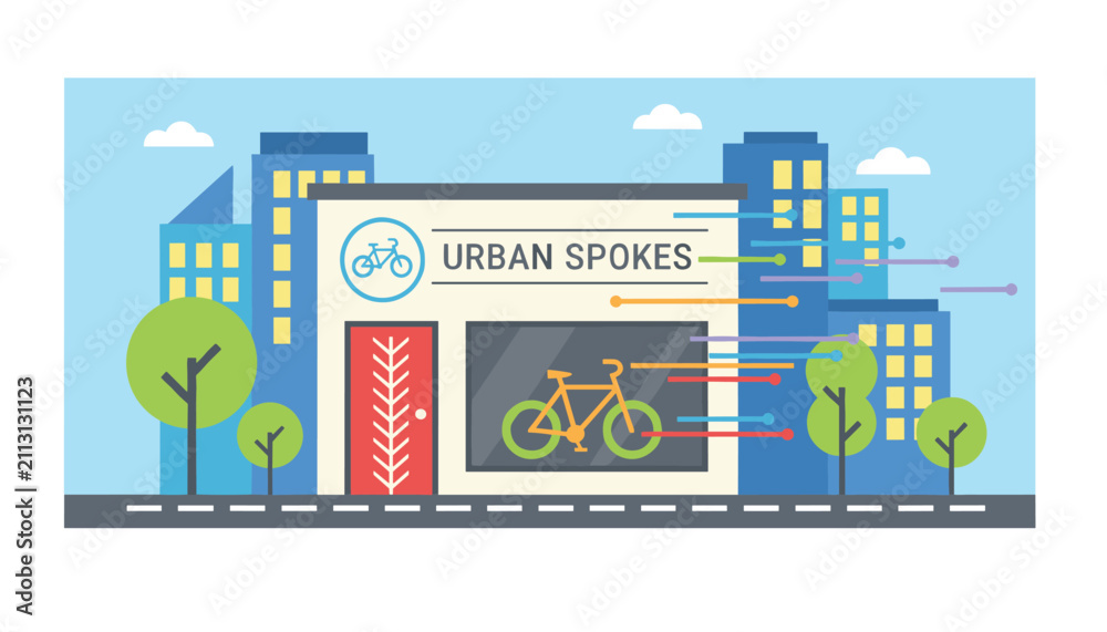 Obraz premium Modern bicycle shop storefront named Urban Spokes with a sleek window display set against a city skyline.