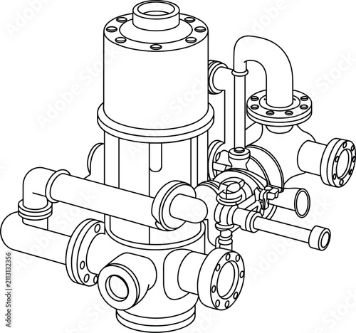 Industrial manifold valve assembly vector illustration, oil gas pipeline pump system wireframe line art design