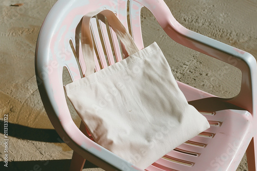 Blank white canvas tote bag mockup on pink and white chair in sand
