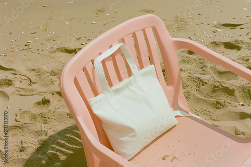Blank white canvas tote bag mockup on pink chair by pebble beach
