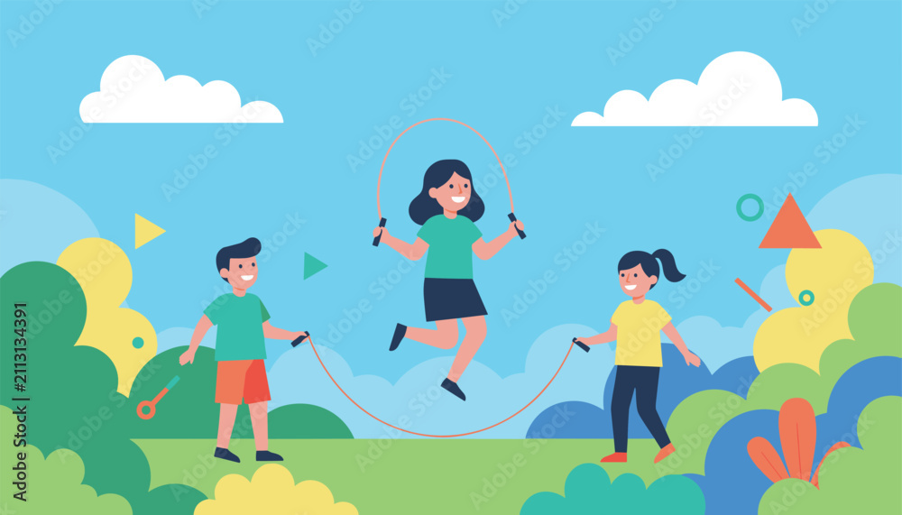 Fototapeta premium Happy school children jumping rope together in a beautiful green park on a sunny day in flat design illustration.