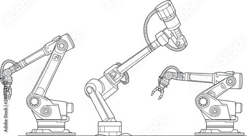 Industrial robotic arms set vector illustration, automated factory line robot manipulators wireframe line art design