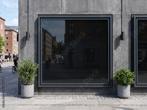 Empty black shop window storefront with green plants in pots on a city street