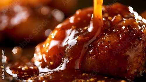 Rich amber sauce cascades over a succulent piece of meat  glistening under warm lighting with visible seasoning specks