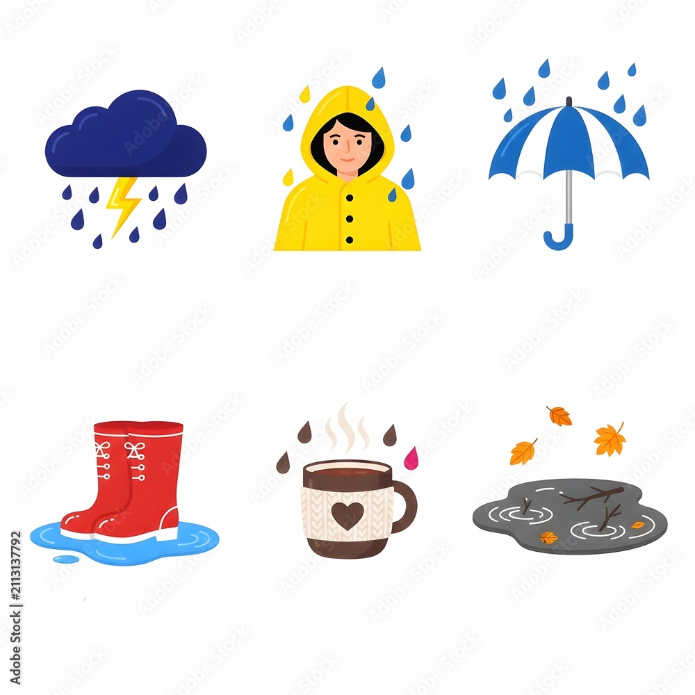 Fototapeta premium Rainy season weather and autumn elements colorful icon set with umbrella and boots