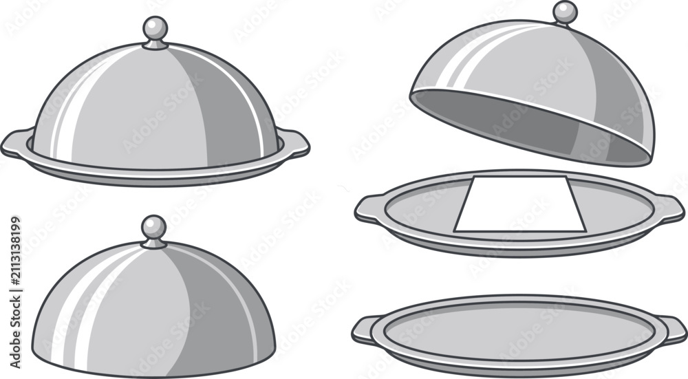 Fototapeta premium Silver restaurant cloche restaurant dome serving tray vector illustration set with open closed lids and food platter isolated on white background for menu
