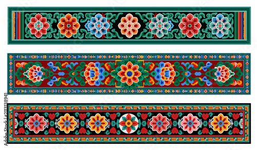Premium Korean traditional dancheong and floral seamless border pattern set