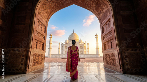 Woman in Saree Views Taj Mahal Through Archway at Sunrise, Agra, India