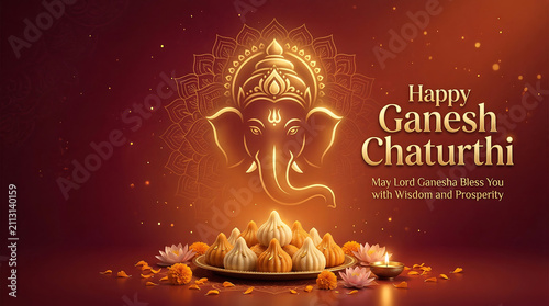 Illuminated ganesh chaturthi celebration with sacred offerings with showcases radiant digital illustration revered deity head adorned intricate patterns