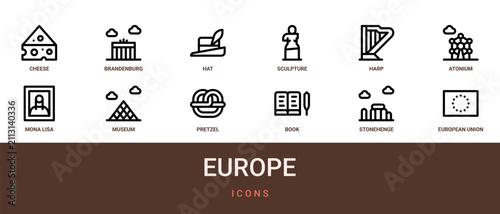 Foto Set of 12 outline web Europe icons such as european union, stonehenge, book, pre