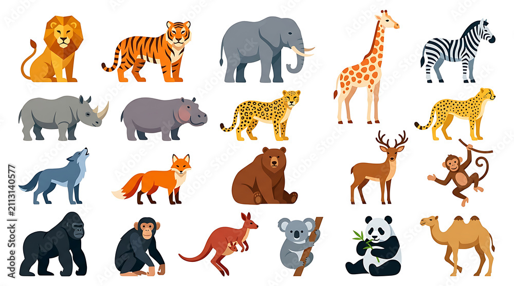 Obraz premium Wild animals collection flat illustration set with cute safari and zoo creatures including lion, tiger, elephant, giraffe, panda and koala