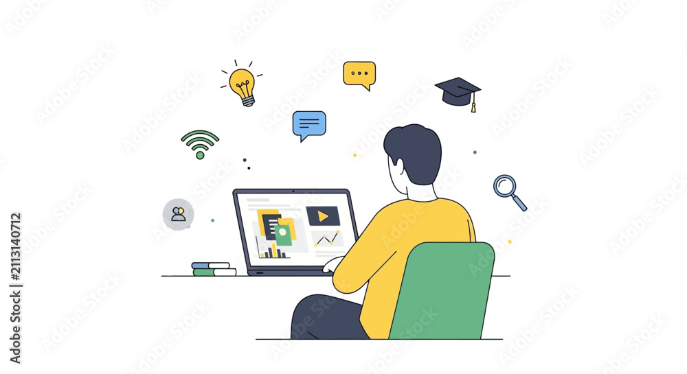Naklejka premium Education Student Uses Laptop for Online Learning and Collaboration