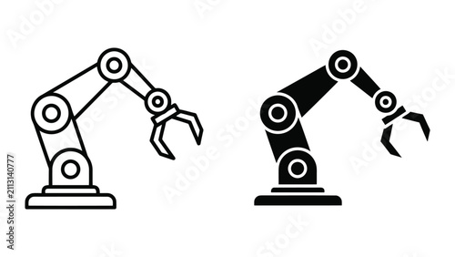 Robotic Arm Icons Set Featuring Industrial Automation Machinery in Outline and Solid Vector Style