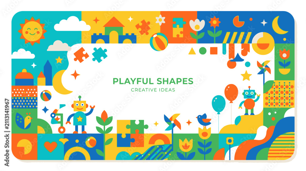 Fototapeta premium Abstract playful shapes with geometric block patterns.