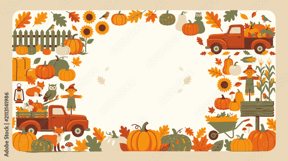 Fototapeta premium Autumn harvest frame with pumpkins and red truck.