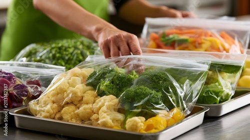 A person arranges fresh vegetables like broccoli and cauliflower into clear plastic bags on metal trays for meal prep