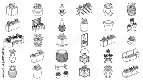 Isometric Planters and Potted Plants CAD Vector Line Art Set