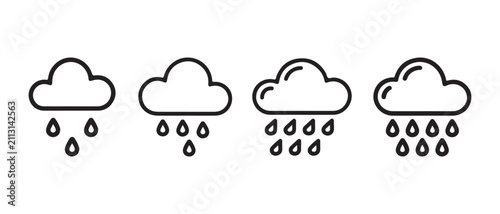 Rainy weather cloud icons. Set of linear rain intensity symbols for meteorology apps.