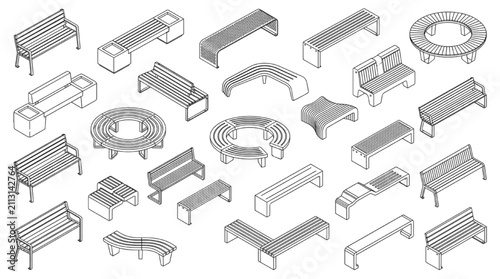 Isometric Benches and Public Seating CAD Vector Line Art Set