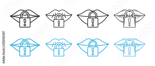 Lips with padlock icon set. Mouth sealed with lock symbol for silence or privacy concept.