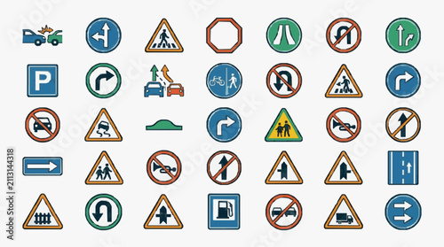 фотографія Sleek Collection of 40 Colorful Road Signs and Traffic Symbols for Modern Design