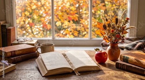 Open book on a wooden table. Cozy autumn reading nook with books and fall foliage.