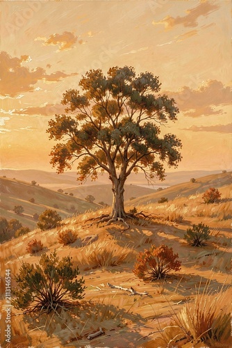 Lone Tree On A Hill Wall Art, Soft Impressionist Style - Printable Landscape Print for Modern Home Decor