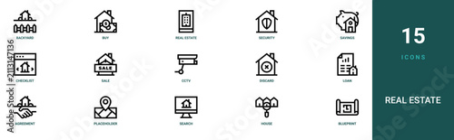 Photos Set of 15 outline web Real Estate icons such as blueprint, house, search, placeh
