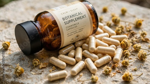 Natural Botanical Supplement Capsules in Amber Bottle on Rustic Surface.