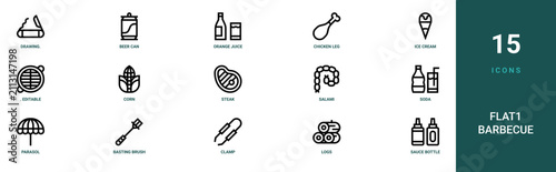 Принти на полотні Set of 15 outline web Flat1 Barbecue icons such as sauce bottle, logs, clamp, ba