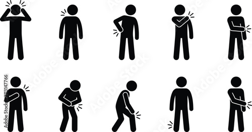 Bild auf Leinwand Set of black stick figure icons showing various human body pain points and commo