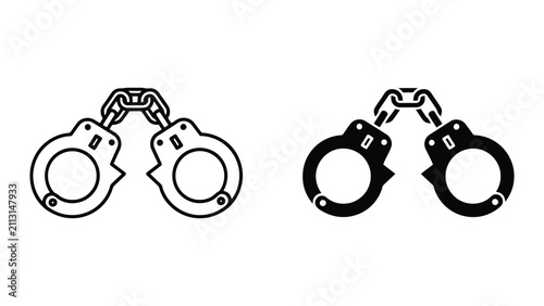 Handcuffs Icon Set Featuring Outline and Solid Black Vector Illustrations for Legal Security Concepts