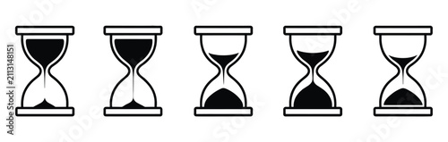 Obraz na płótnie Hourglass Progression: A sequence of five hourglass icons illustrates the passage of time, with sand flowing from the top bulb to the bottom, showing different stages of depletion