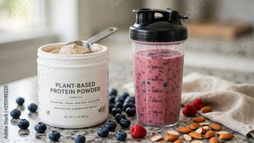 Plant-Based Protein Powder with Fresh Berries and Nuts.