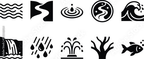 Bild auf Leinwand Set of ten black and white icons representing various water elements and natural